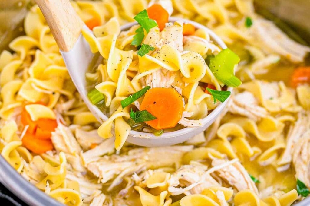 Close-up of instant pot chicken soup in a ladle.