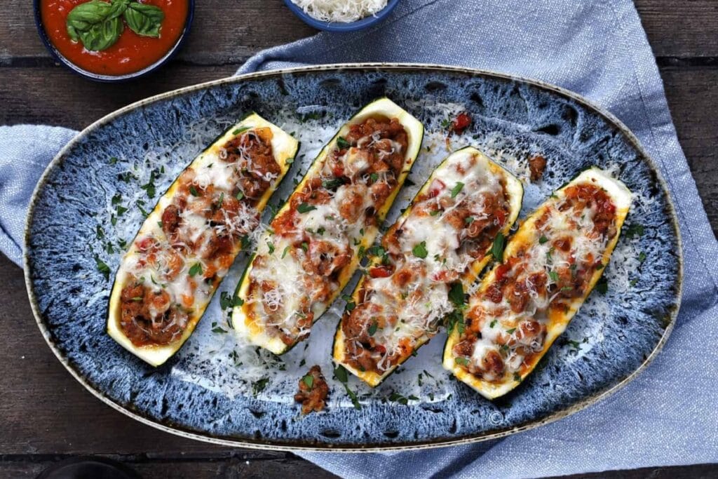 Italian stuffed zucchini boats with meat and cheese on a plate.