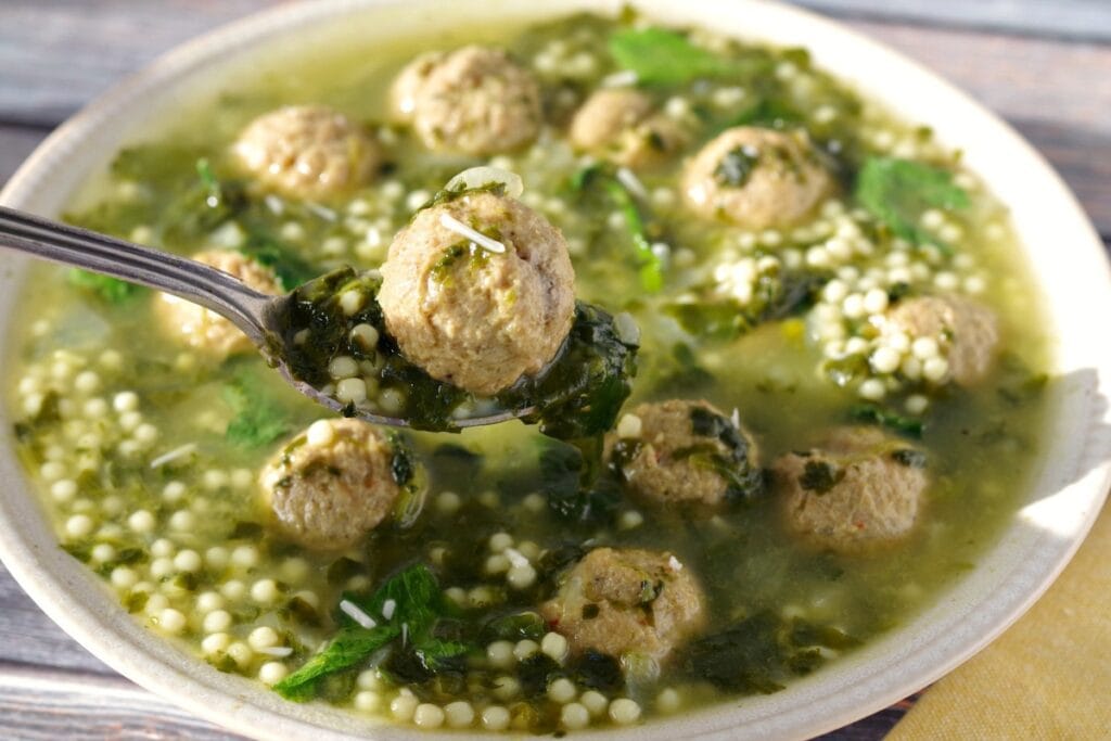 Italian wedding soup in a bowl.