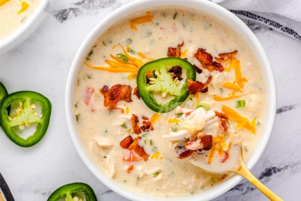Jalapeño popper soup in a bowl.