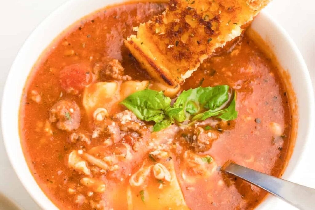 Lasagna soup in a bowl.