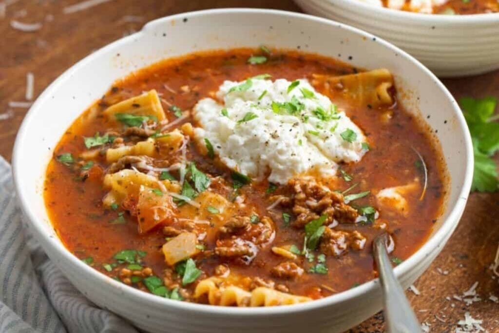 Lasagna soup in a bowl.
