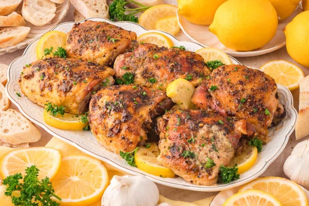 Lemon garlic chicken thighs garnished with herbs on a plate.