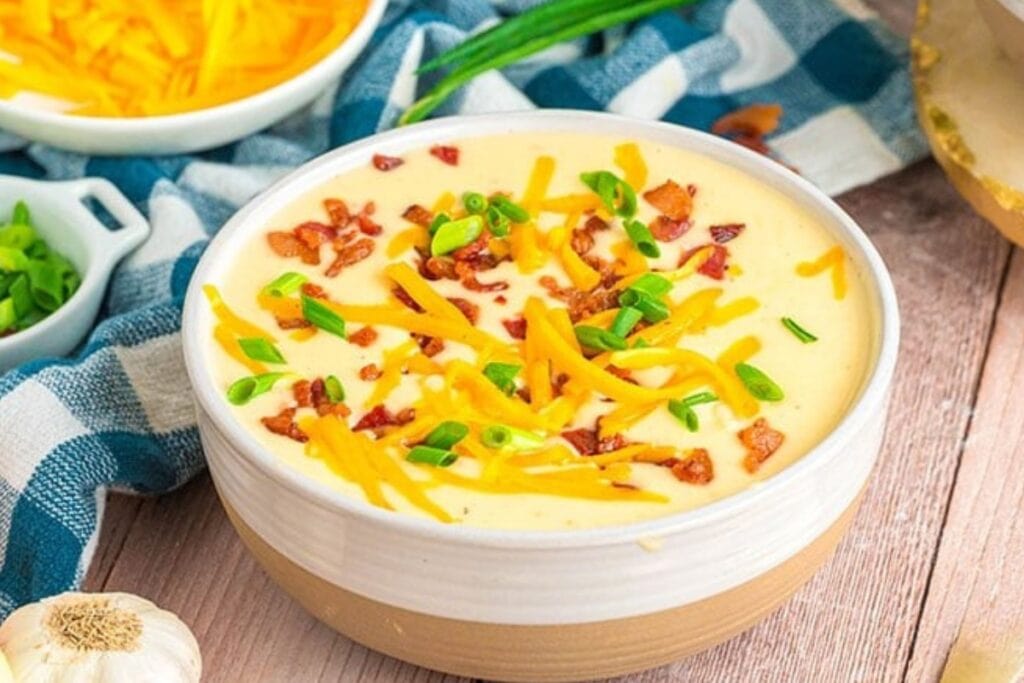 Loaded baked potato soup in a bowl.