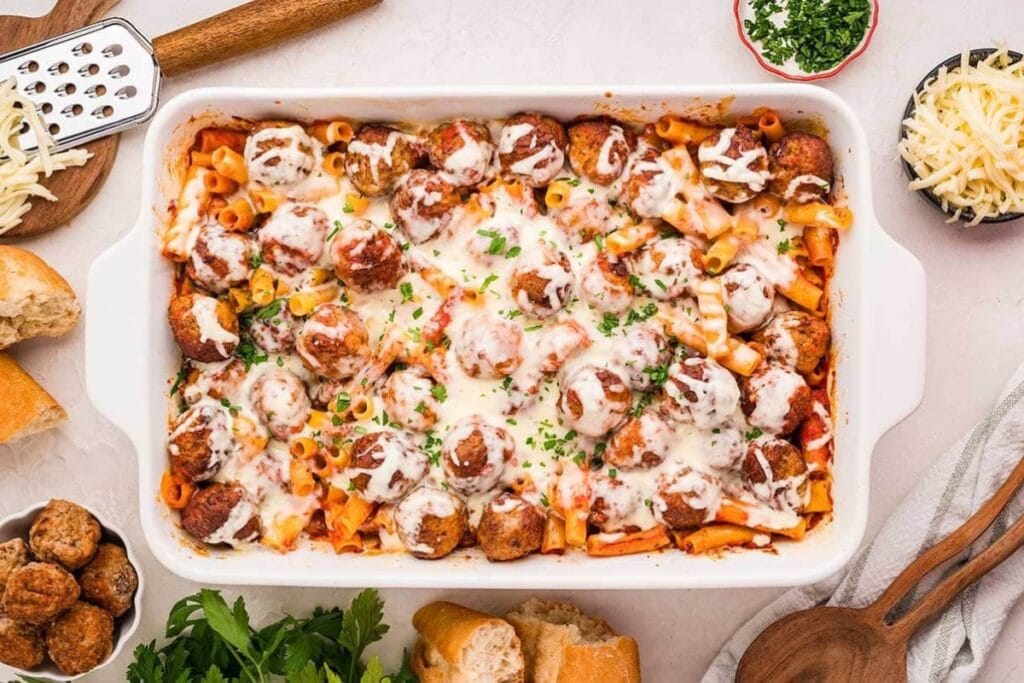 Meatball casserole with melted cheese and tomato sauce in a baking dish.