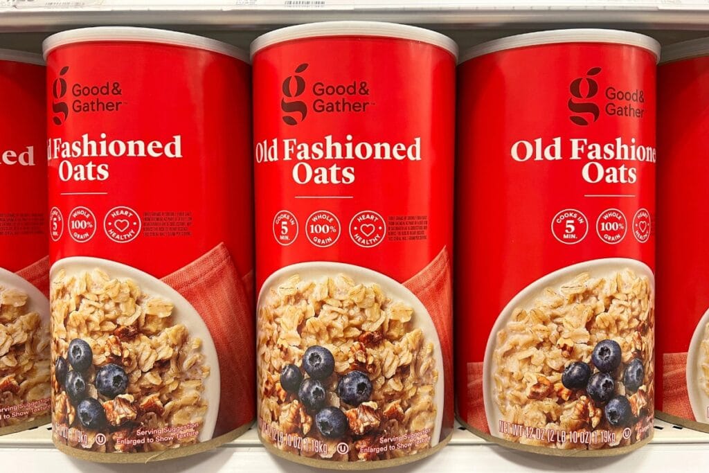 Oats in container on shelf.