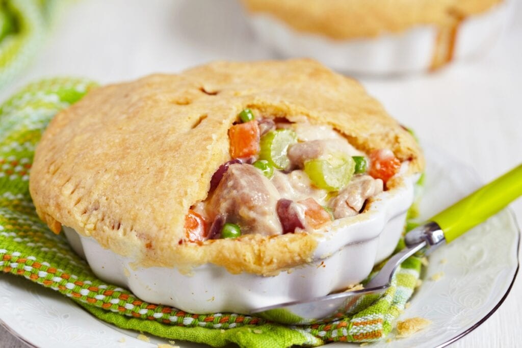 Baked pot pie in a bowl.