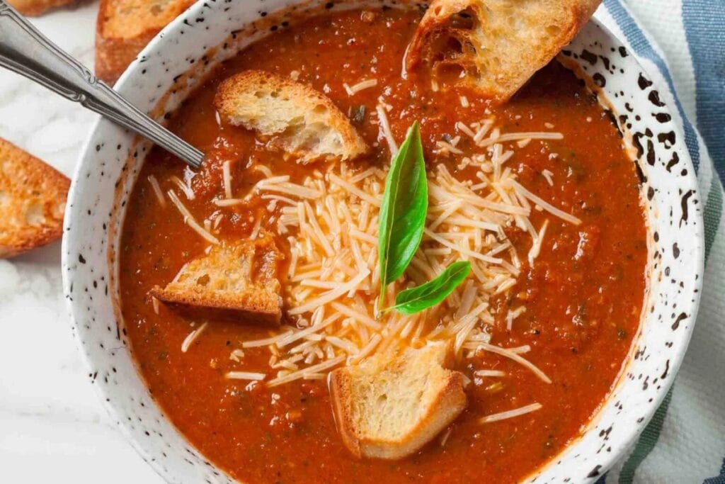 Roasted tomato soup in a bowl.