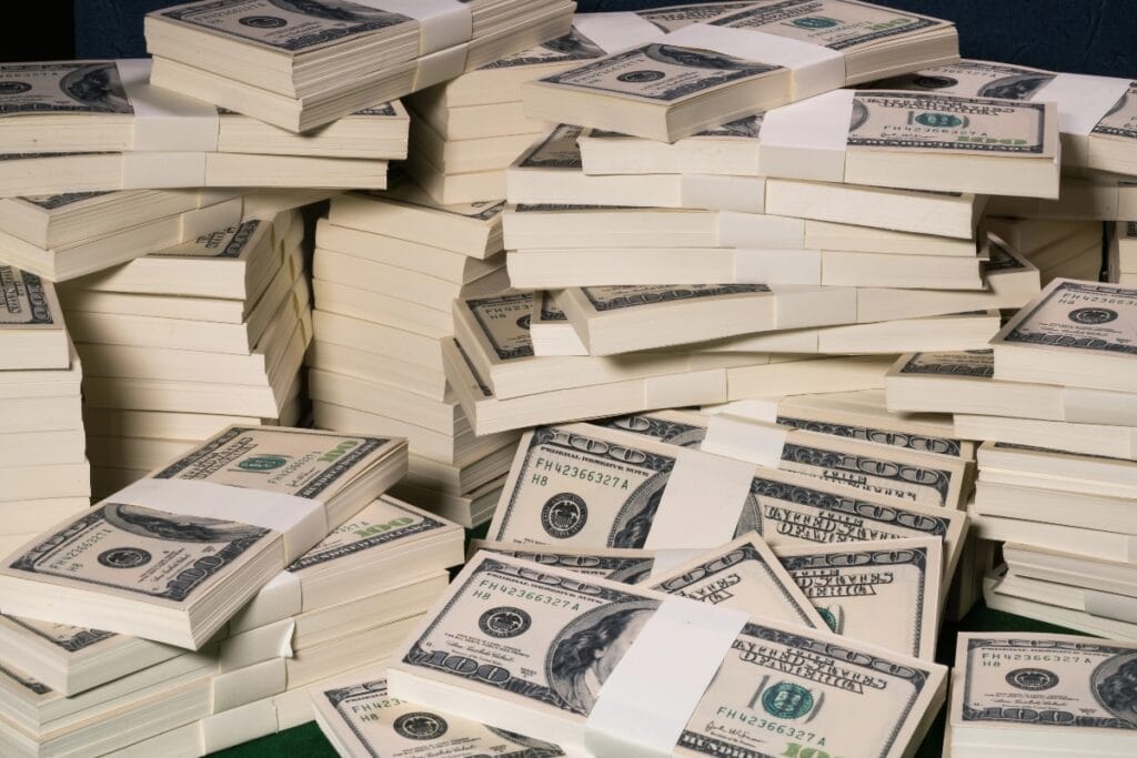 Stacks of one million US dollars in hundred-dollar banknotes.