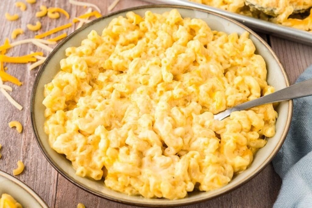 Sheet pan mac and cheese in a bowl.