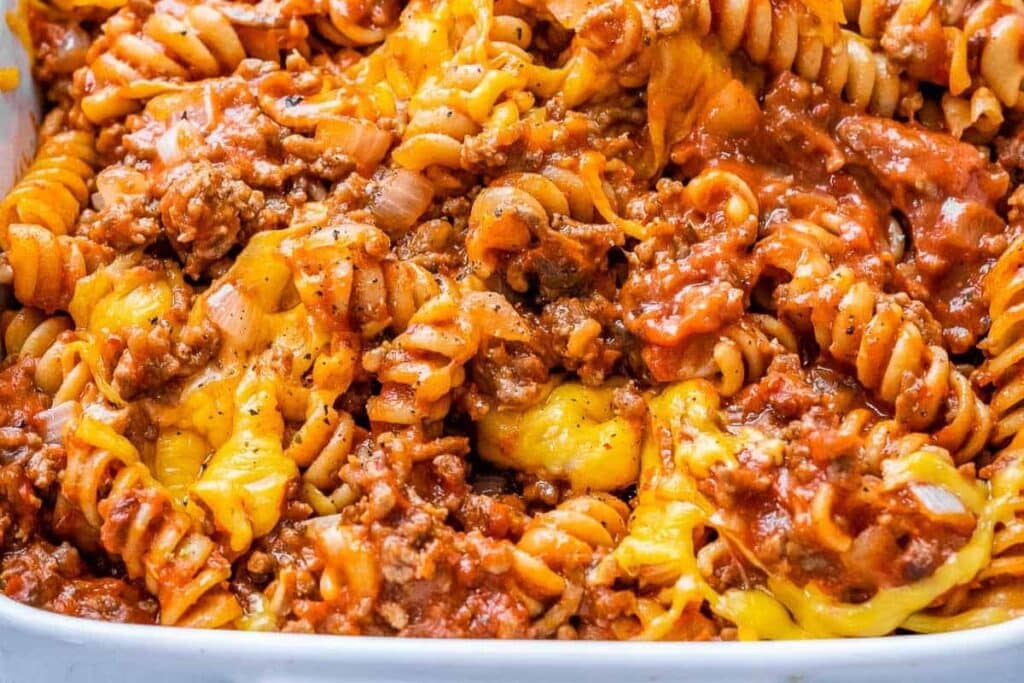 Sloppy joe casserole in a baking dish.