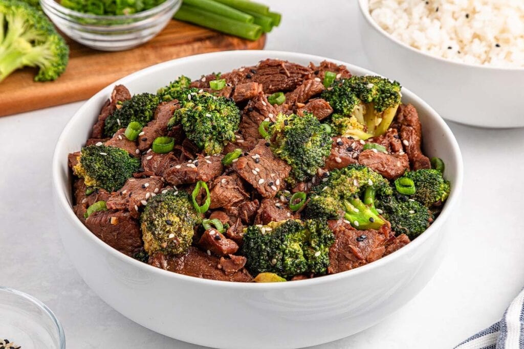 Beef and broccoli on a plate.