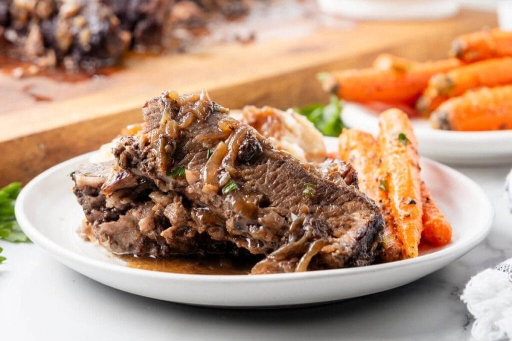 Slow cooker brisket on a plate.