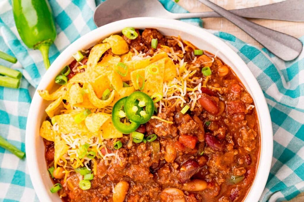 Slow cooker chili in a bowl.