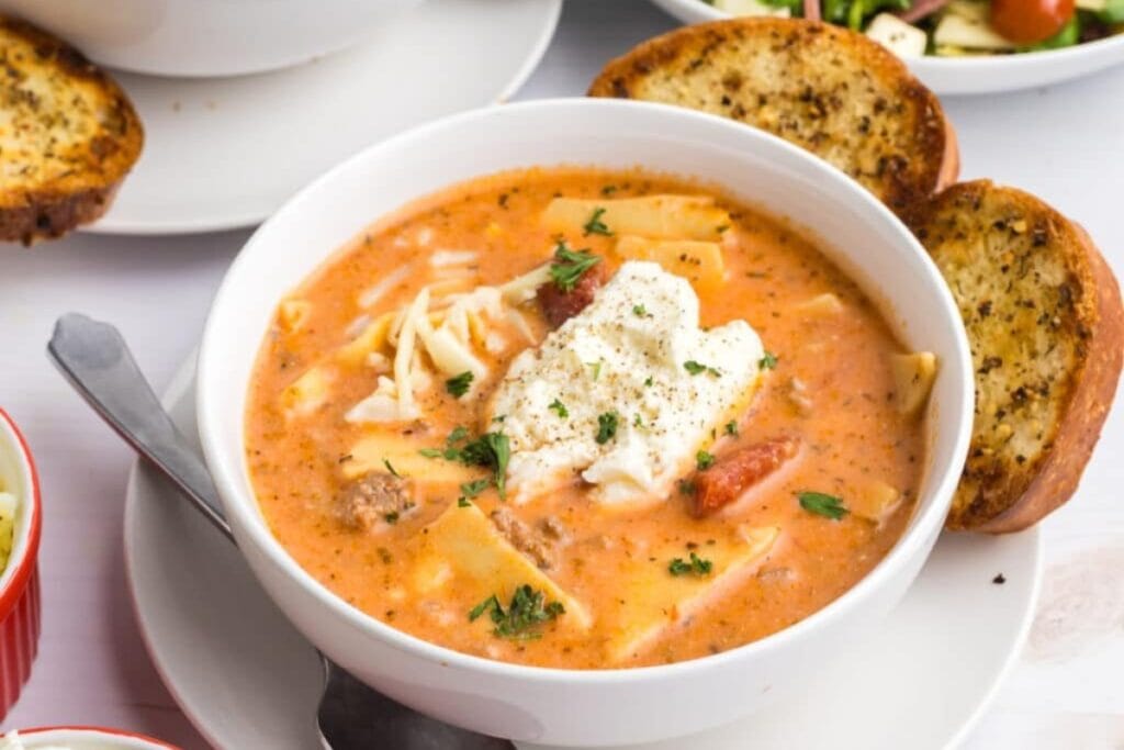 Slow cooker lasagna soup in a bowl.