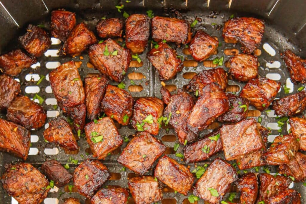 Steak bites in an air fryer.