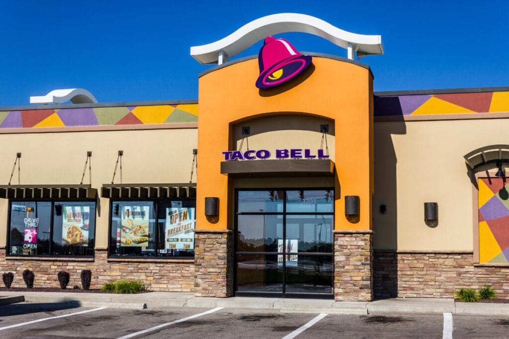 Taco Bell restaurant front view.