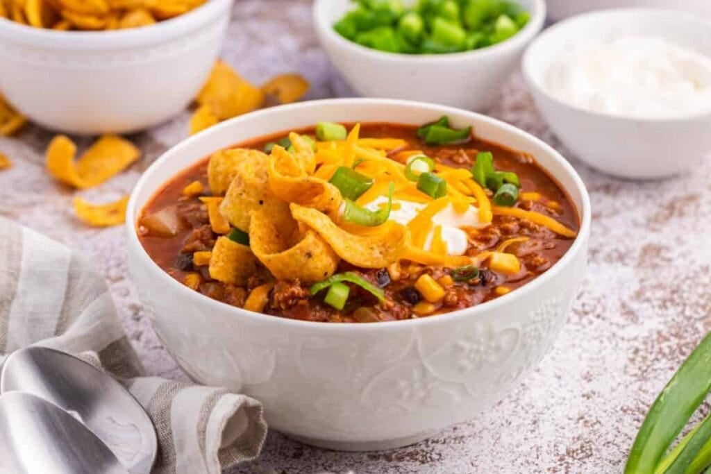 Taco Chili in a white bowl.