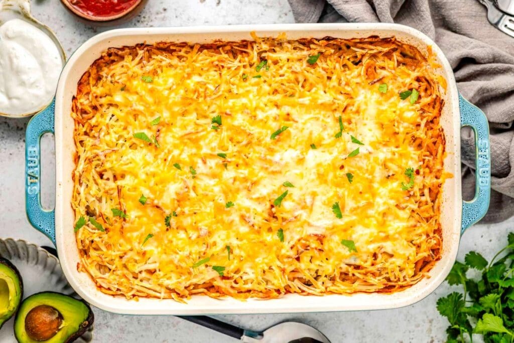Taco potato casserole in a baking dish.