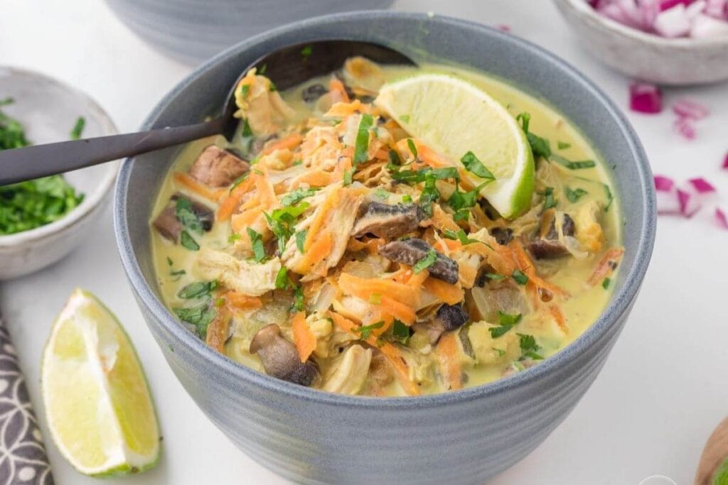 Thai chicken soup in a bowl.