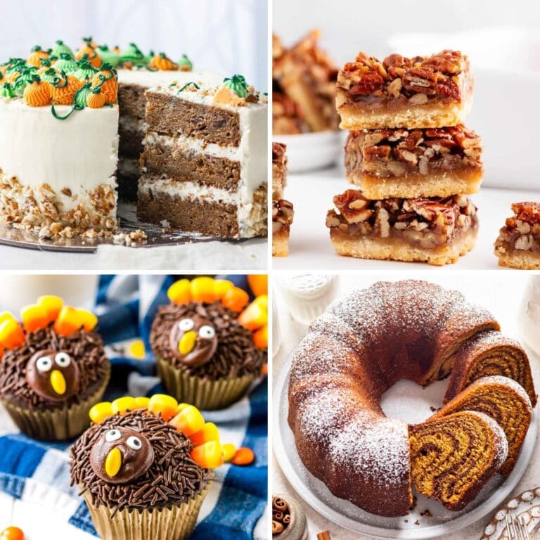 Thanksgiving dessert recipe collage with various seasonal sweets.