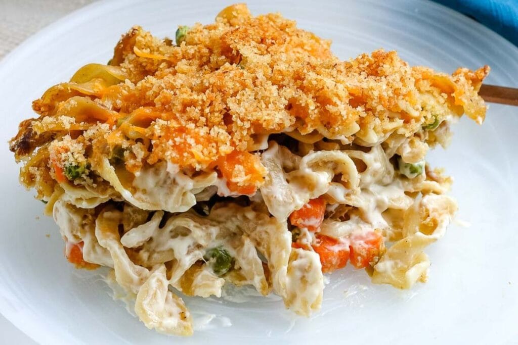 Tuna noodle casserole served on a plate.