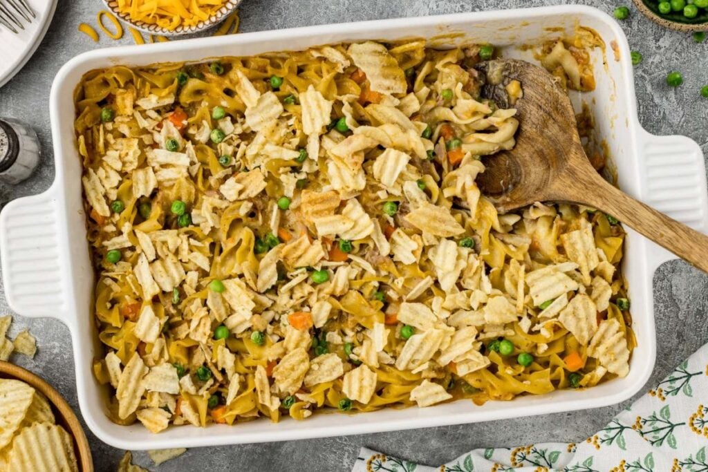 tuna noodle casserole in dish