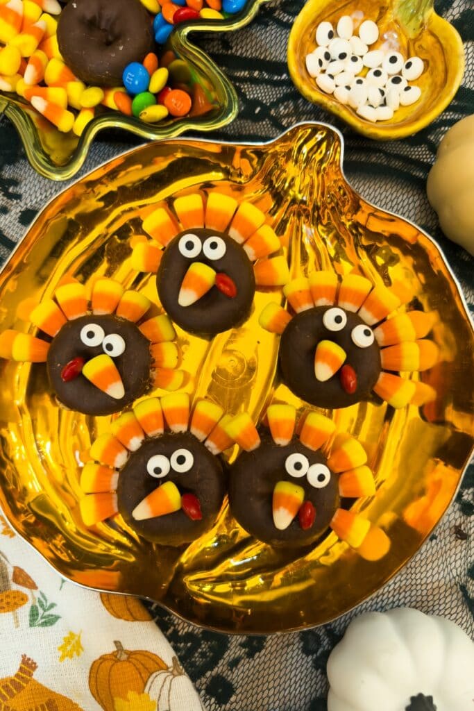 Turkey donuts with candy corn feathers.