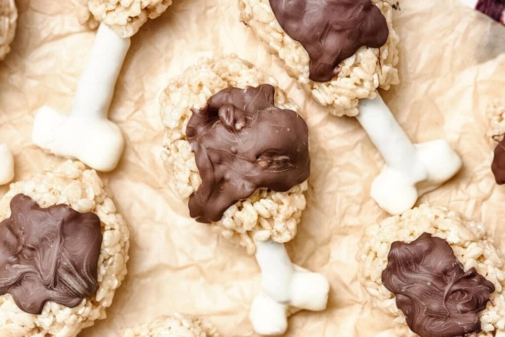Close-up of turkey leg Rice Krispies with pretzel ends.