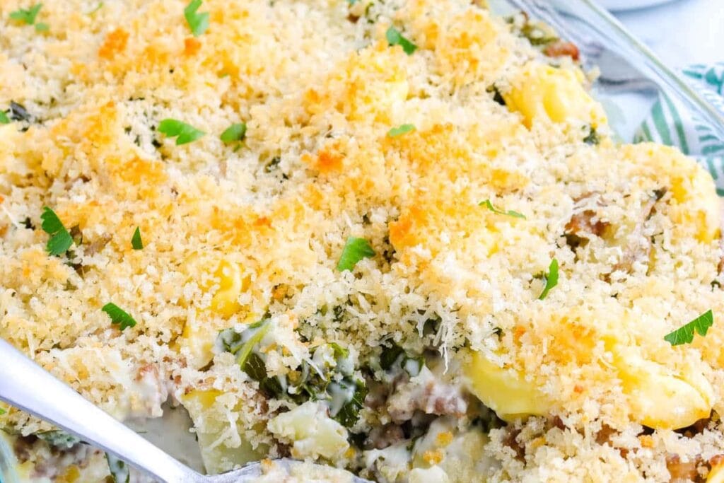 Tuscan tortellini in a baking dish.