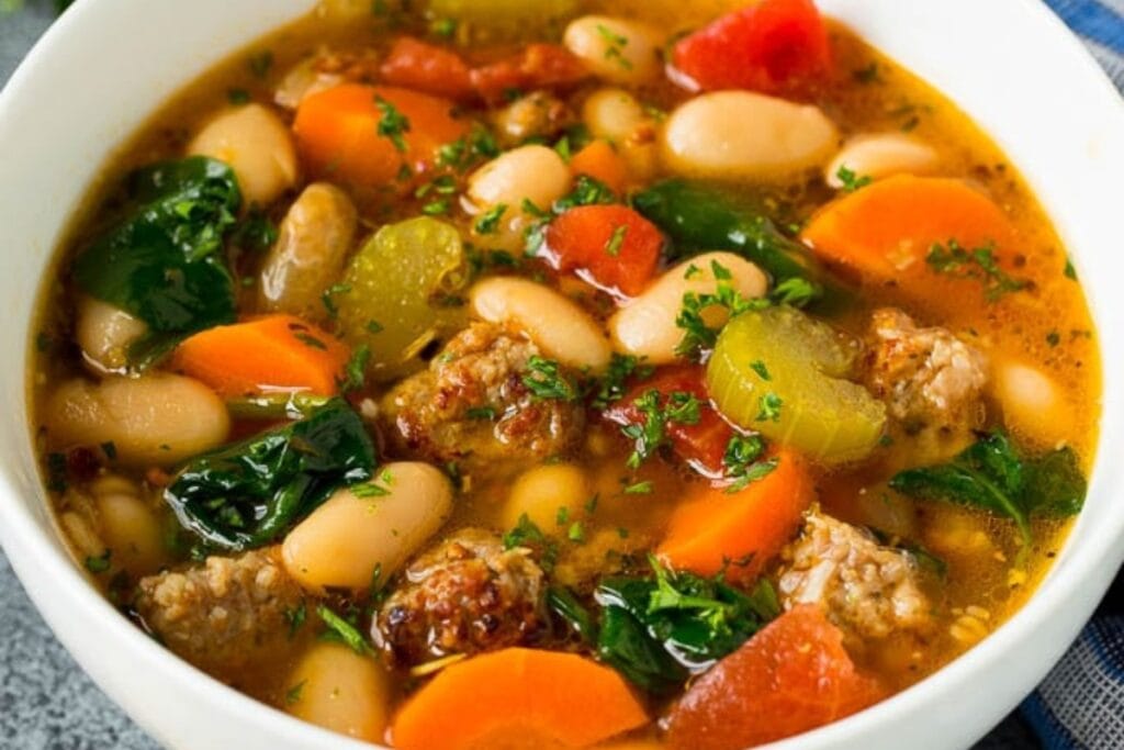 Tuscan white bean soup in a bowl.