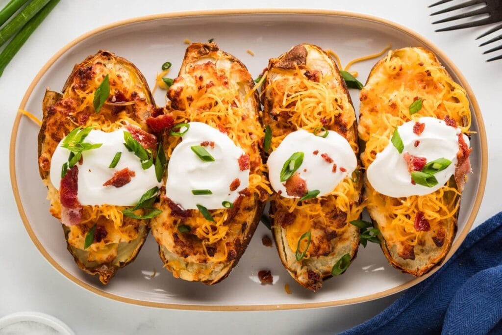 Twice baked potatoes on a plate.