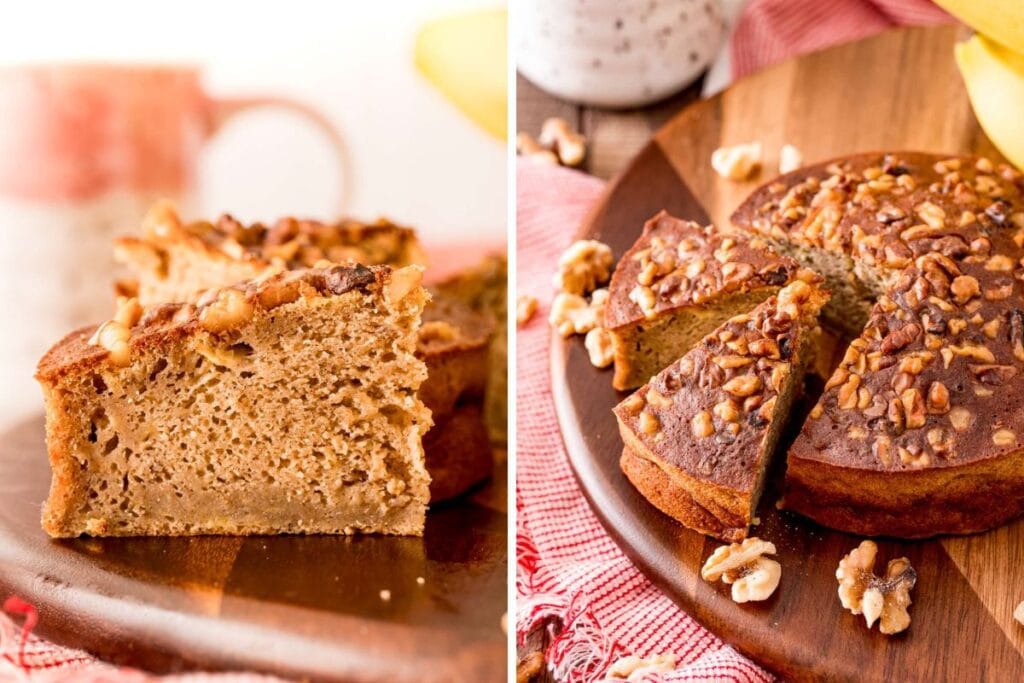 Two images of banana bread with walnuts on a wooden board.