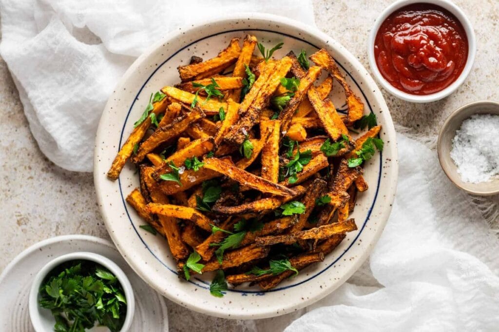 Air-fried butternut squash fries with parsley, ketchup, and salt on a plate.