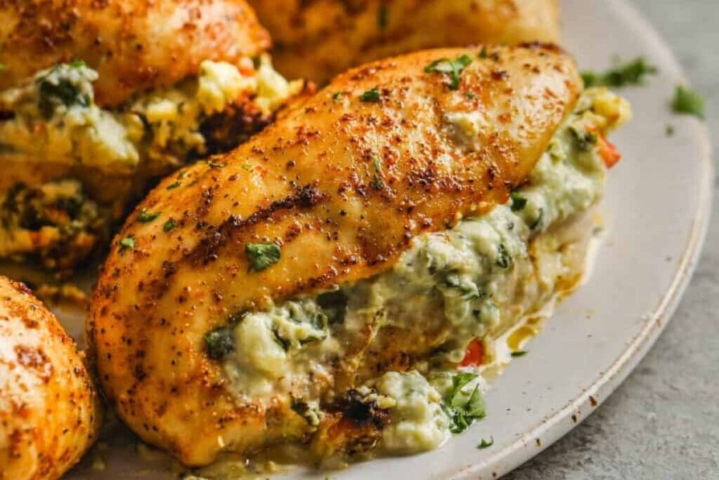 Stuffed chicken breast with creamy spinach filling on a plate, garnished with parsley.