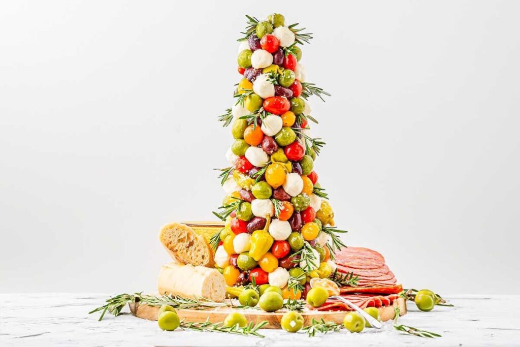 A close up shot of antipasto Christmas tree.