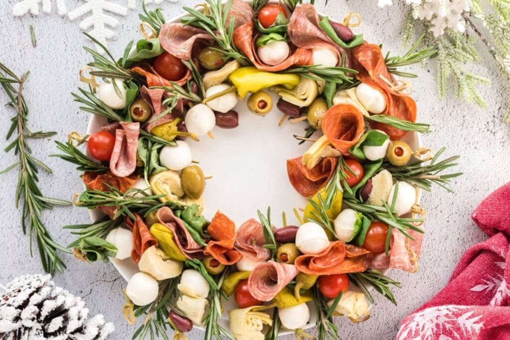 A close up shot of antipasto wreath.