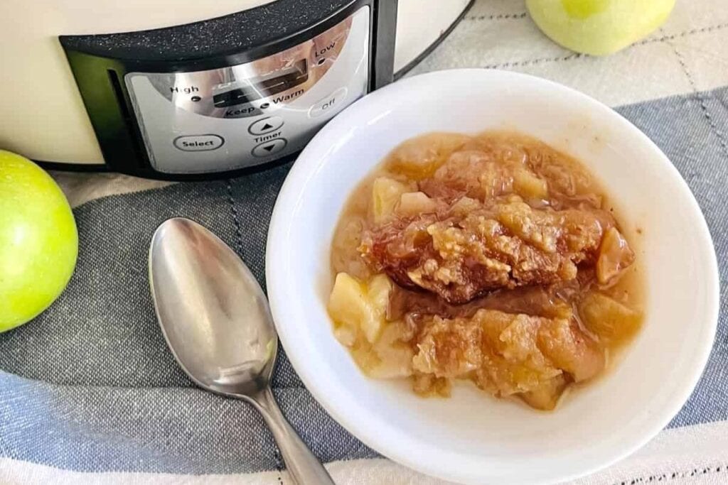 A close up shot of apple cobbler.