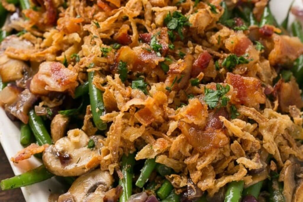 A close up shot of bacon ranch beans.