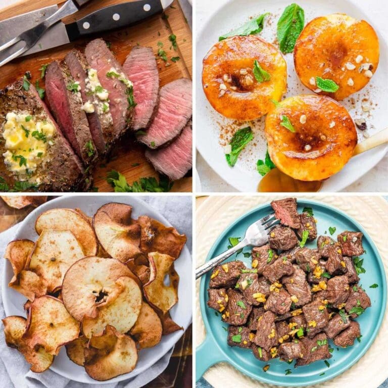 Four images: sliced steak, baked peaches, apple chips, and steak bites.