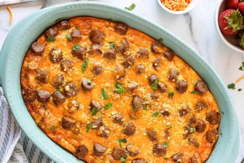 Sausage and tater tot breakfast casserole in a blue oval baking dish.