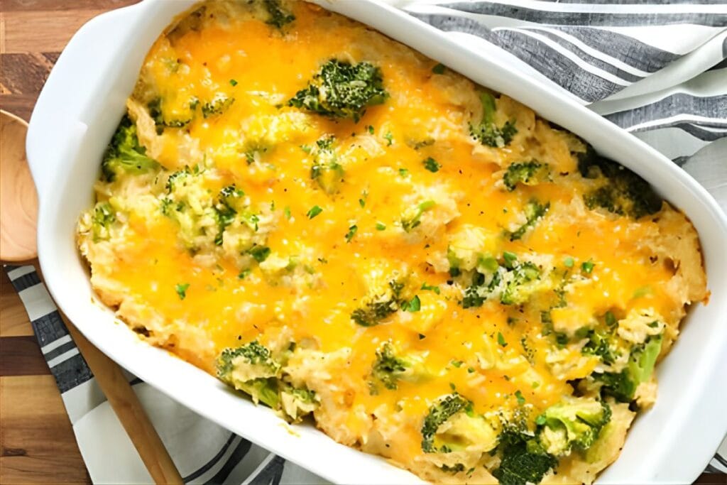 Broccoli rice casserole with cheese in a white baking dish.