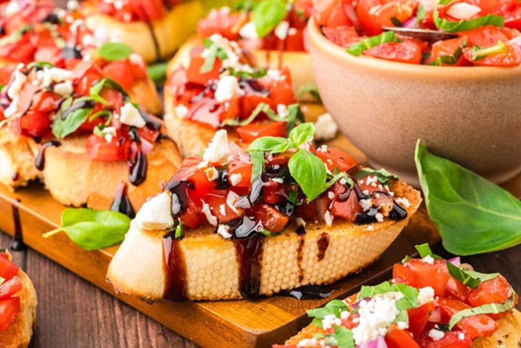 A close up shot of bruschetta.