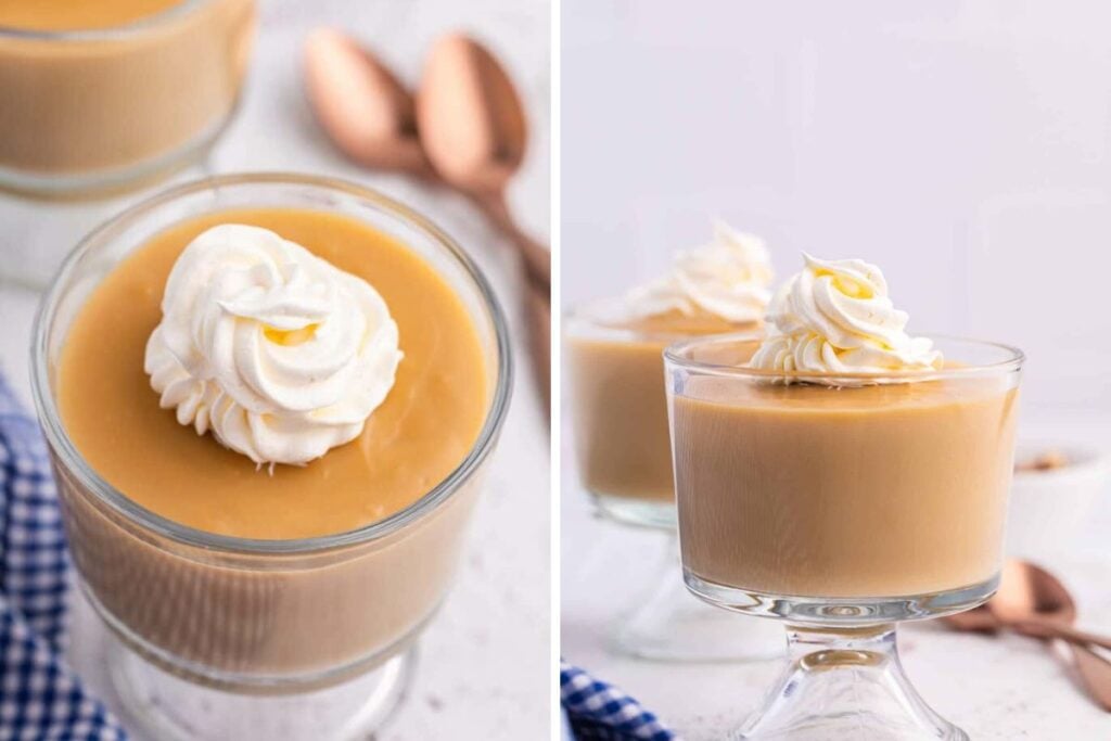 Butterscotch pudding in dessert cups, topped with whipped cream.