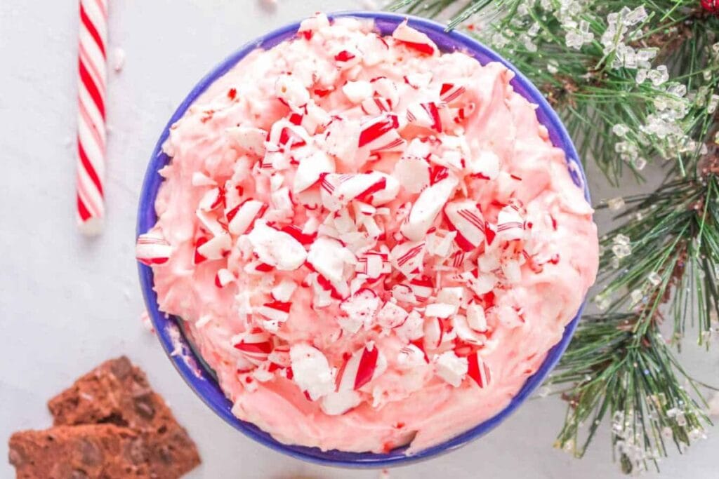 A close up shot of candy cane dip.