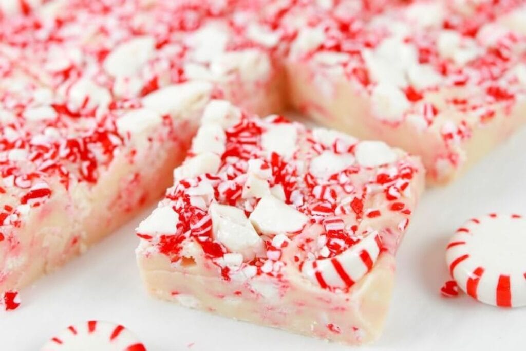 A close up shot of candy cane fudge.