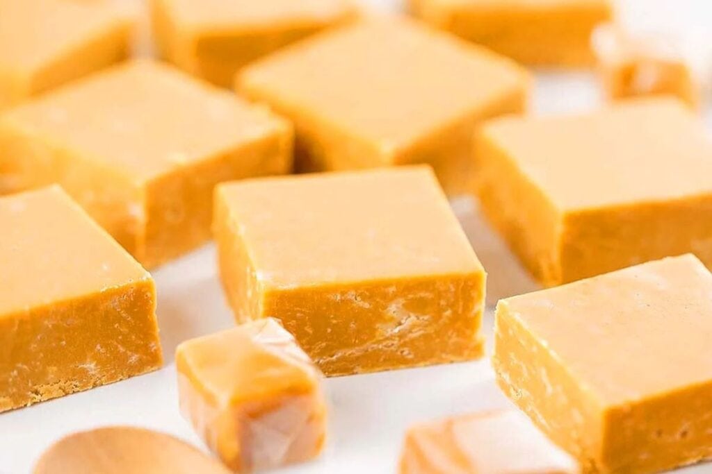 A close up shot of caramel fudge.