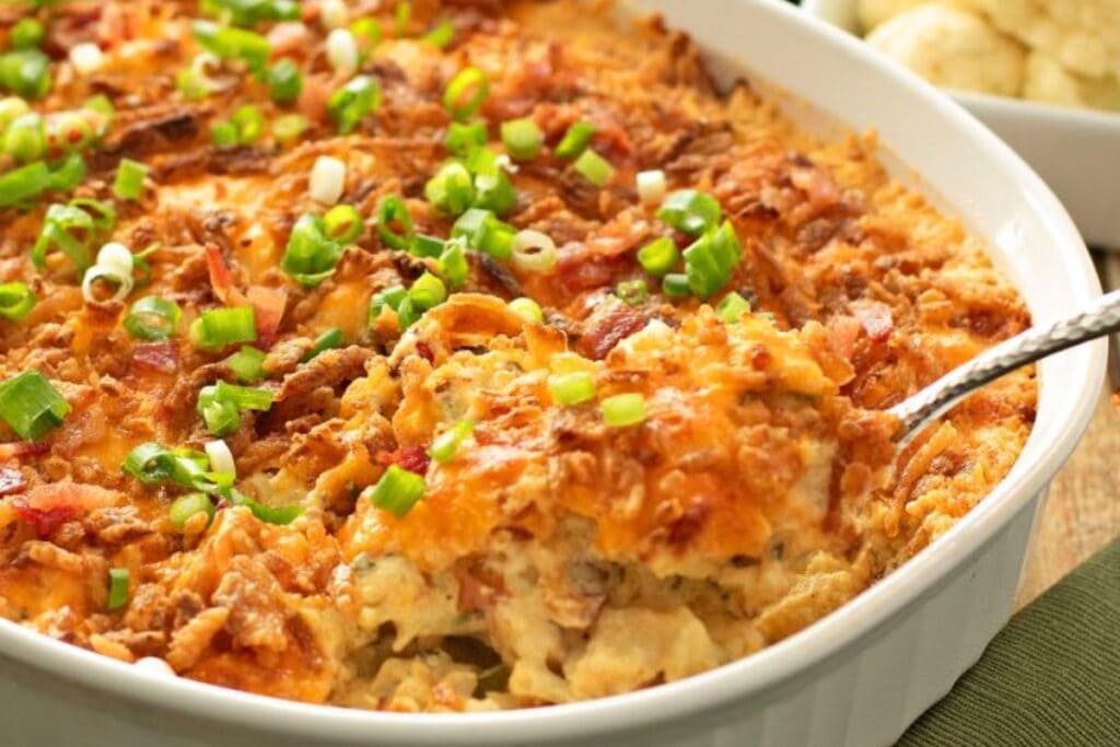 A close up shot of cauliflower casserole.