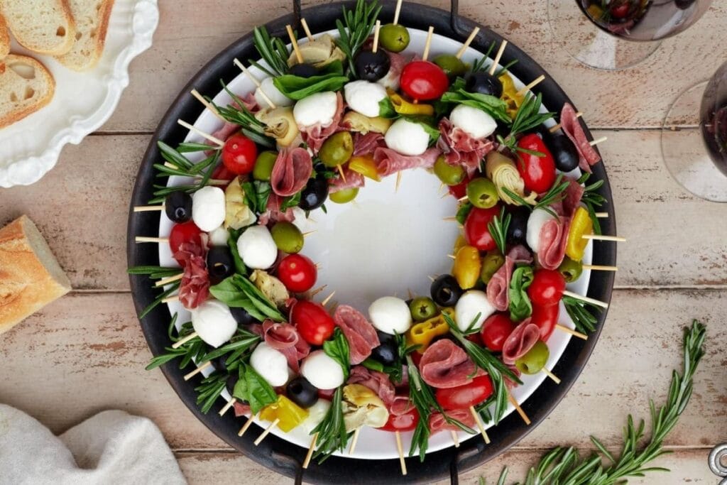 A close up shot of charcuterie wreath.