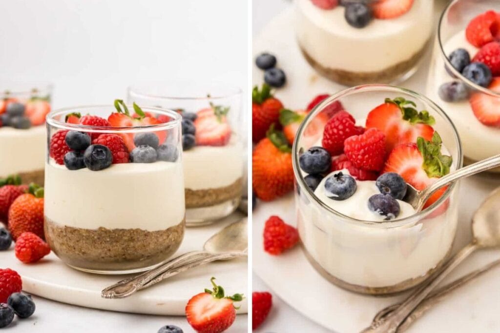 Cheesecake cups with a graham cracker crust and berries on top.